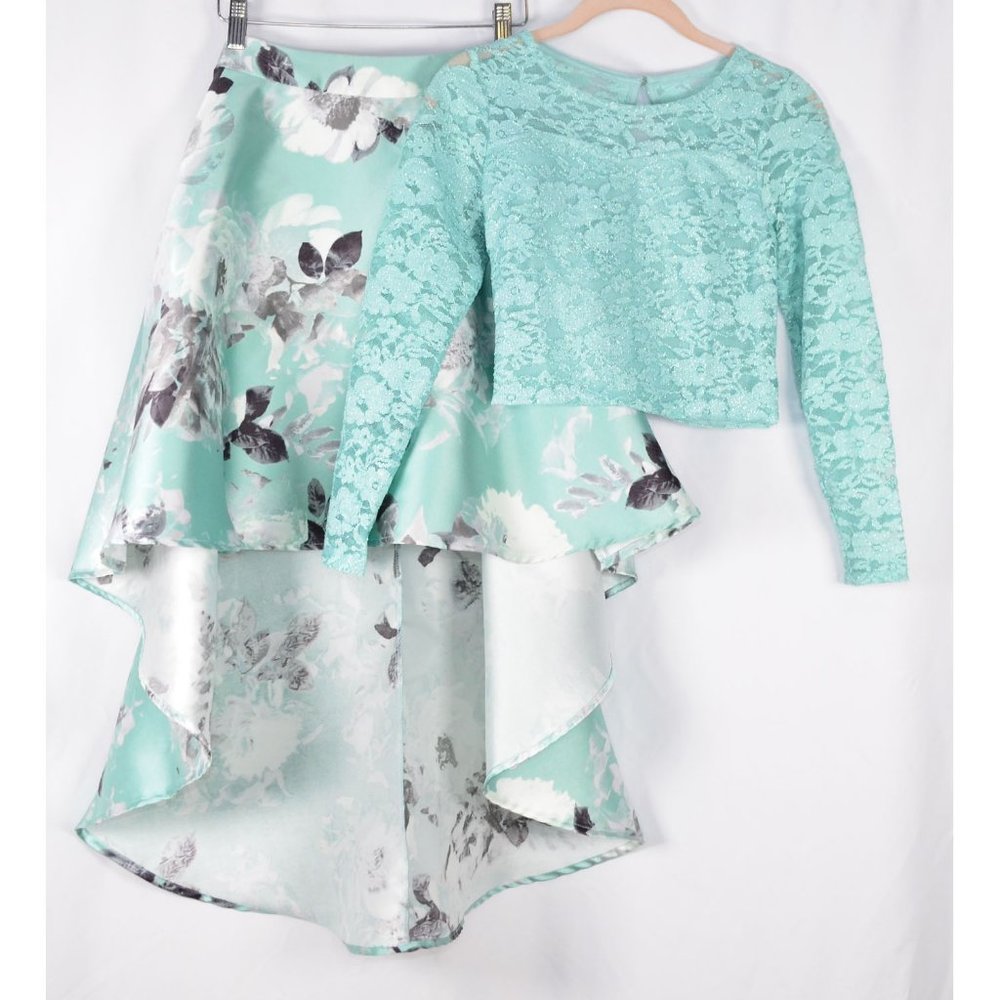 Speechless Kids Lace Crop Top Floral Satin Hi Lo Skirt Set Mint Green Size 14